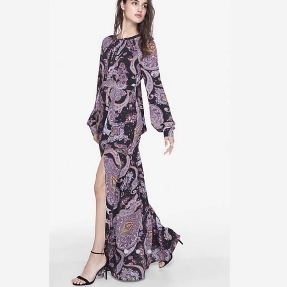 Express Black and Purple Paisley Long Sleeve Maxi Dress - Picture 11 of 15